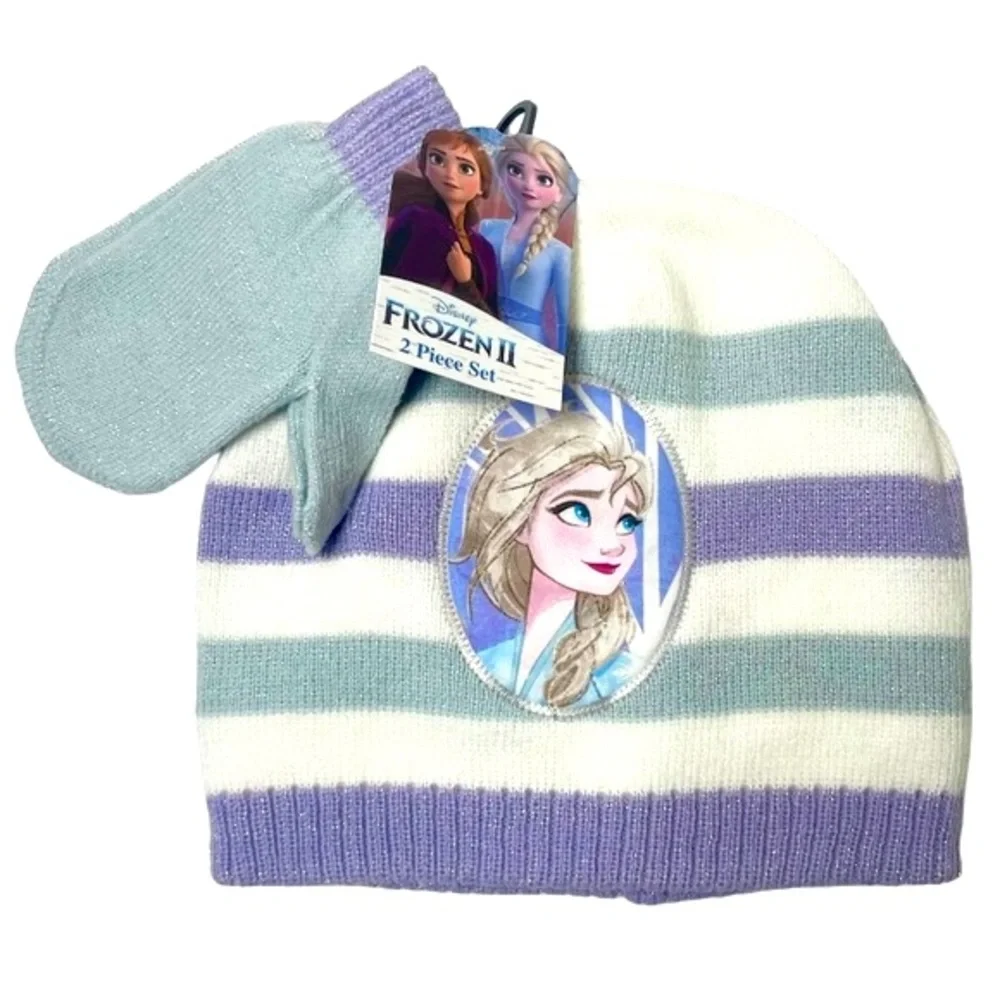 Disney Winter Hat Set Warm Princess Gloves Mittens Frozen Elsa Shimmer Striped